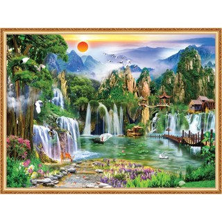 Tranh sơn thủy 3D thác nước phong cảnh rừng cây, tranh dán tường treo phòng khách phong thủy cao cấp
