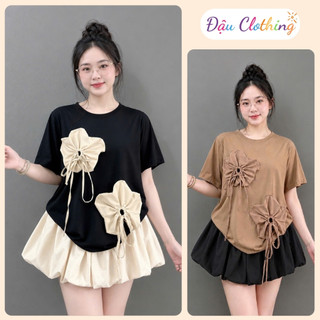 Set Áo Váy Bigsize Nữ Áo Thun Cổ Tròn Gắn Hoa Dễ Thương Phối Chân Váy Bí Xòe A292+CV413