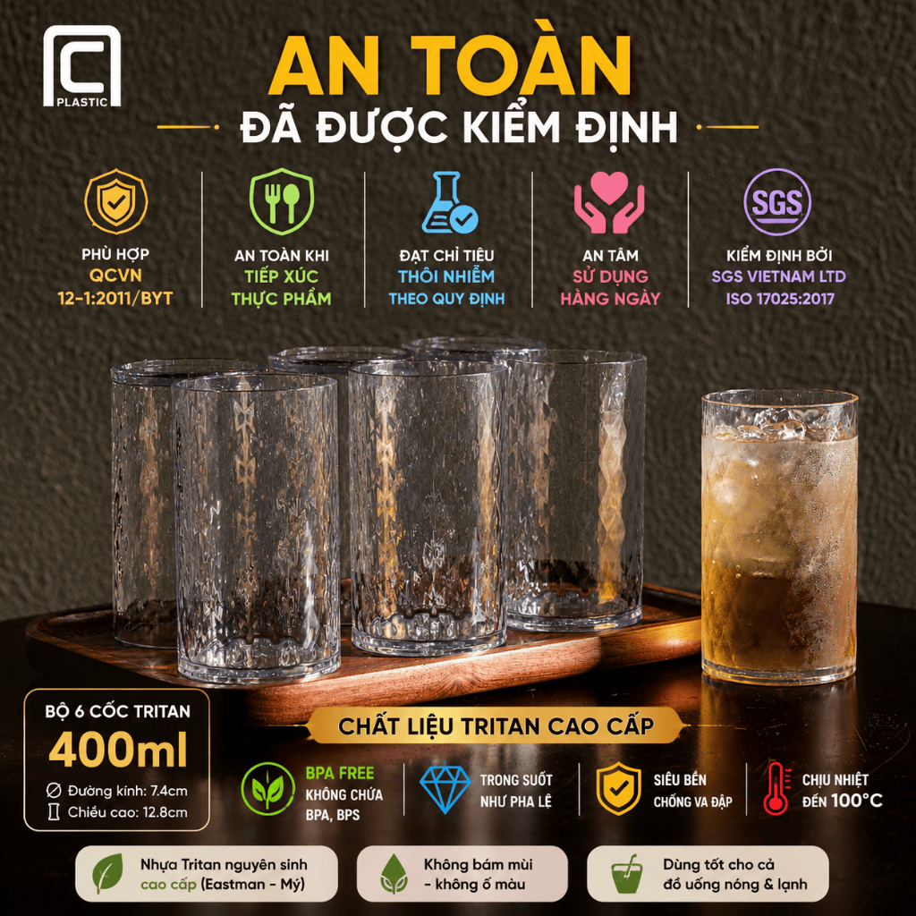 Bộ 6 Cốc Nhựa Tritan Cao Cấp NC Plastic 400ml BPA Free - Đạt Kiểm Định SGS, QCVN 12-1:2011/BYT, Chịu Nhiệt 100°C