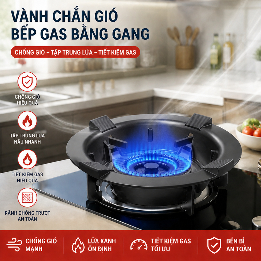 Kiềng gang cao cấp chắn gió tụ lửa, tiết kiệm gas đa năng cho bếp ga dương mặt kính