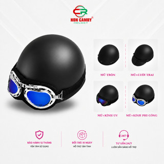Mũ Bảo Hiểm Nửa Đầu Dáng Phượt ABS Cao Cấp, Kèm Phụ Kiện Kính Phi Công, Kính UV, Lưỡi Trai Tùy Chọn - Camry Helmet