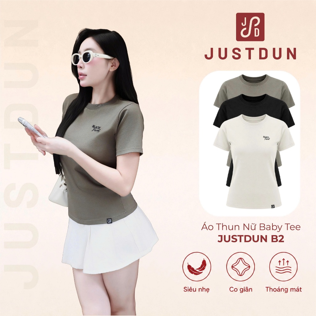 Áo Thun Nữ Baby Tee JUSTDUN B2 – Thêu “BLACK PEARL” Ver2, Chất Cotton Mềm Mịn, Co Giãn Nhẹ