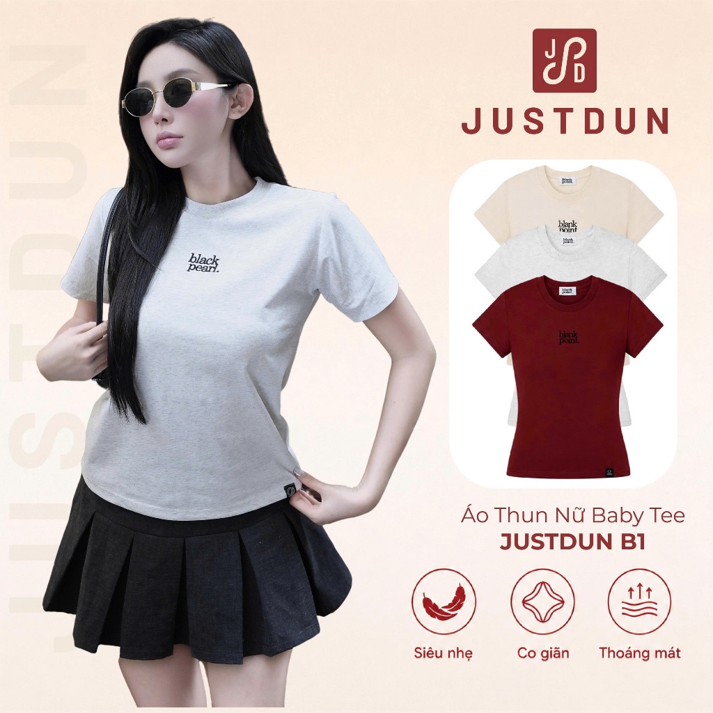 Áo Thun Nữ Baby Tee JUSTDUN B1 – Thêu “BLACK PEARL”, Chất Cotton Mềm Mịn, Co Giãn Nhẹ, Form Gọn Trẻ Trung