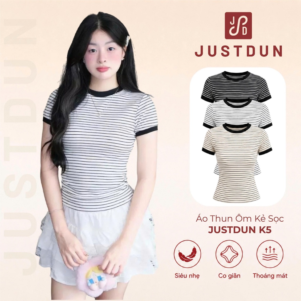 [Hàng Loại 1] Áo Thun Ôm Kẻ Sọc Nữ JUSTDUN K5 - Chất Cotton Mịn, Co Giãn, Tôn Dáng, Thoải Mái