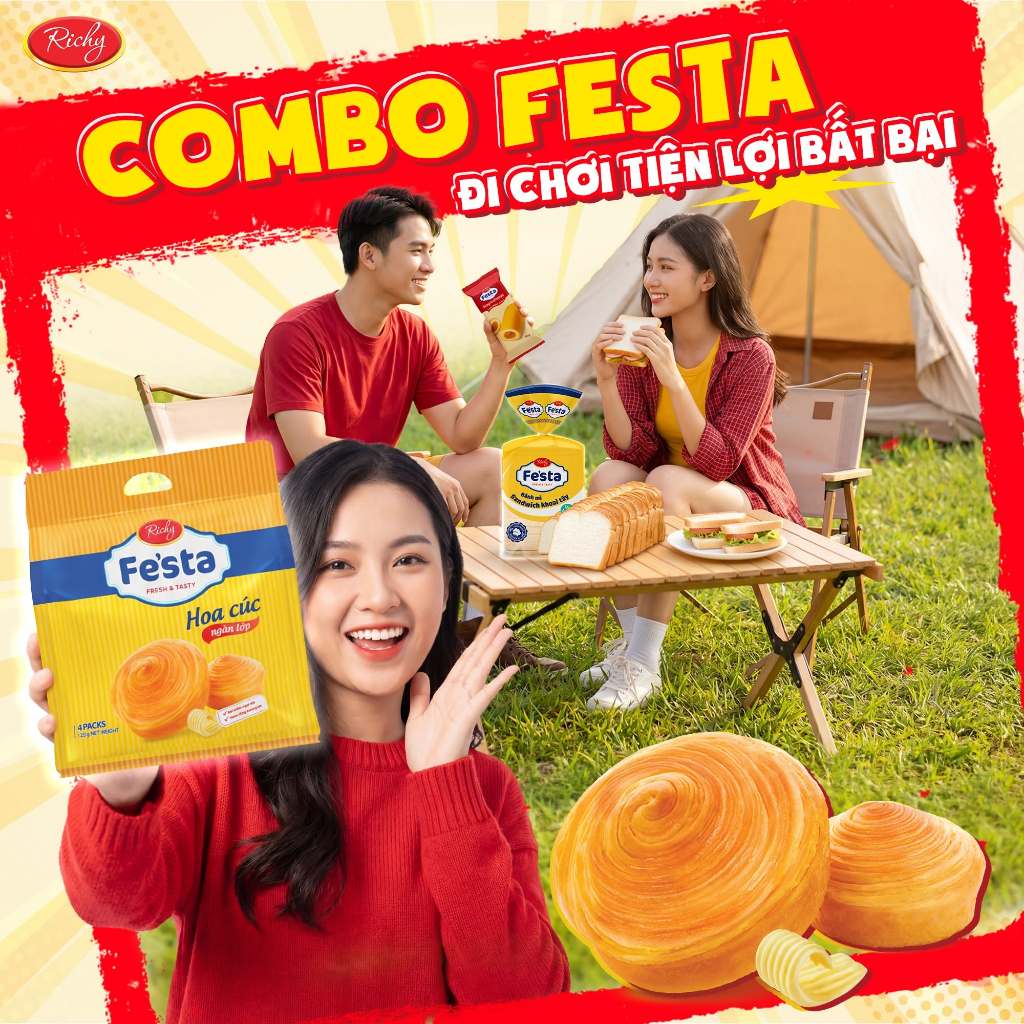[TẶNG QUÀ ĐƠN TỪ 129K] Combo 6 Bánh mì hoa cúc ngàn lớp, Bánh mì Lụa Fe'sta Richy, HSD 35 ngày từ NSX