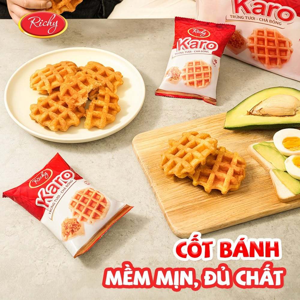 [Tặng quà đơn từ 129k] Combo 2 bịch bánh trứng tươi chà bông Karo Richy sợi thịt gà và phô mai hoàng kim 26g