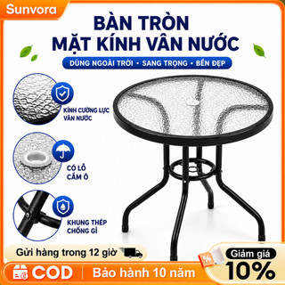 Bàn Cafe Tròn Gấp Gọn Mặt Kính Cường Lực Vân Nước Khung Sắt Chắc Chắn Cho Ban Công Quán Cafe