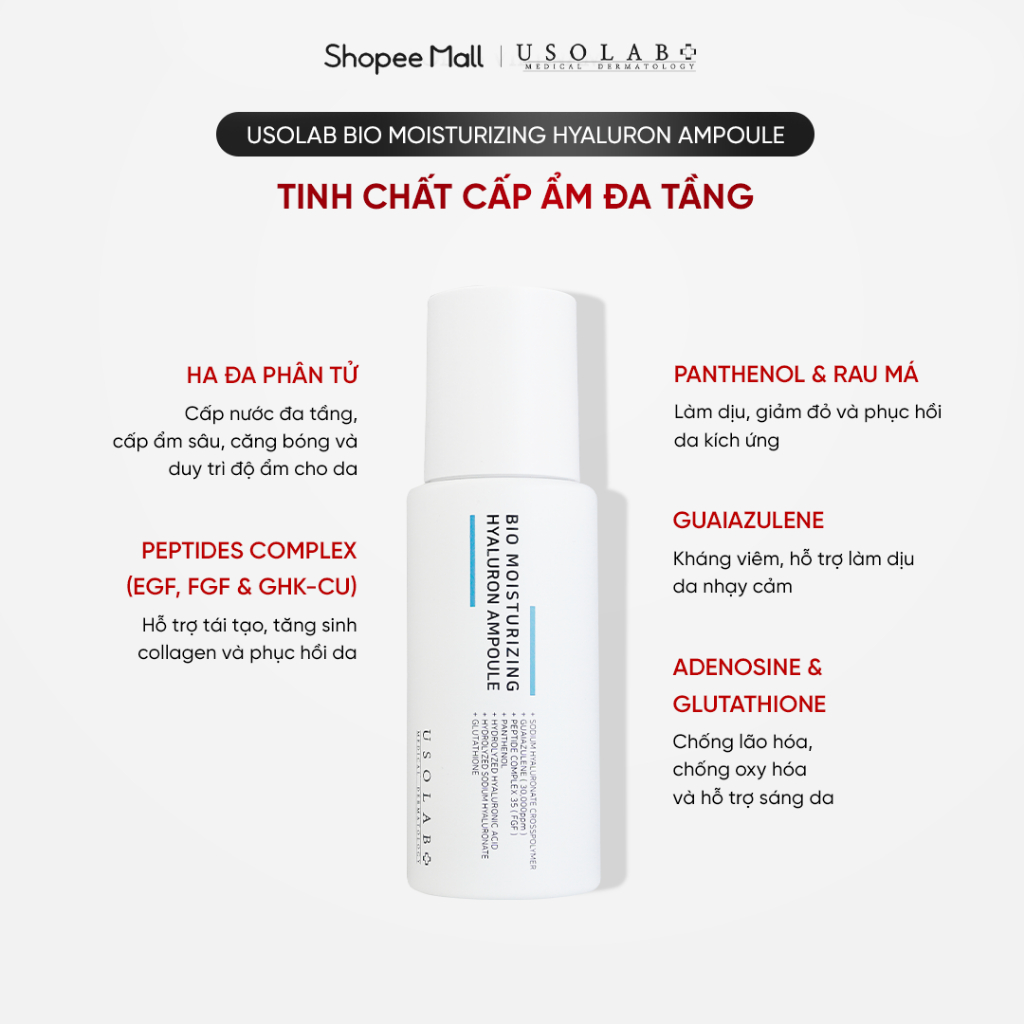 Serum HA USOLAB - Bio Moisturizing Hyaluron Ampoule - Tinh chất căng bóng HA thủy phân 50ml