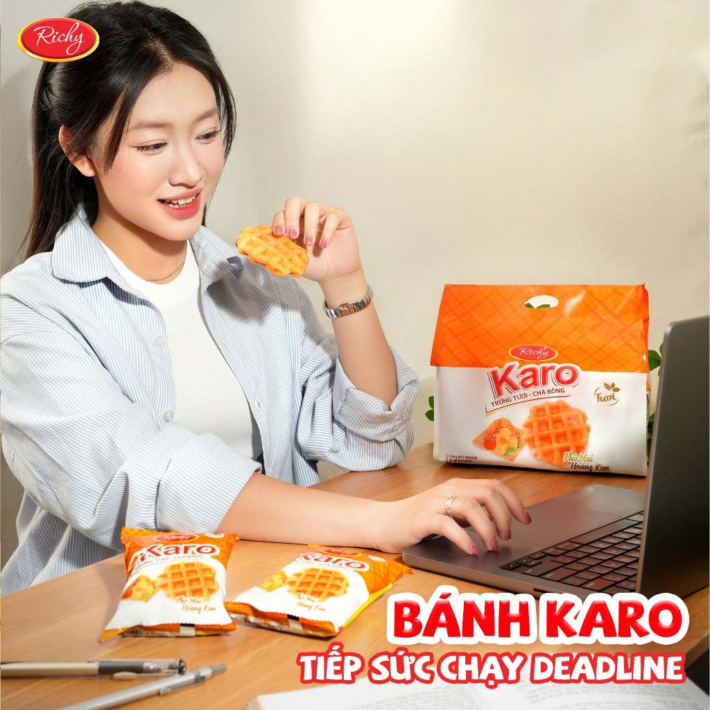 [Tặng quà đơn từ 129k] Combo 2 bịch bánh trứng tươi chà bông Karo Richy sợi thịt gà và phô mai hoàng kim 26g