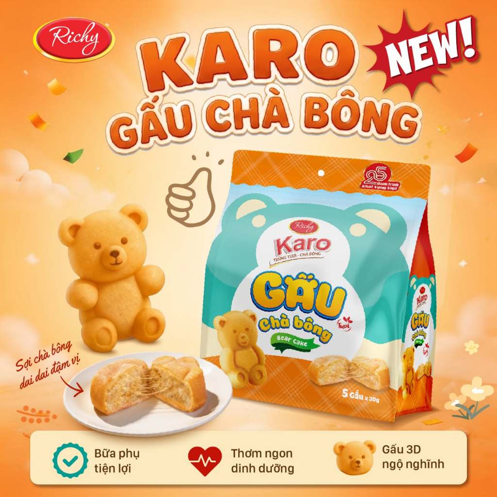 [TẶNG QUÀ ĐƠN TỪ 129K] Combo 6 bịch bánh Karo Richy trứng tươi chà bông và phô mai hoàng kim, HSD 45 ngày