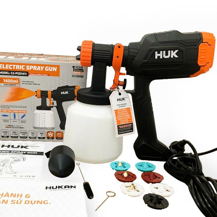 Máy Phun Sơn HUKAN (Gen1) G3-PSD1411 |Công Suất 900W, 4 Vòi Phun (1.5–2.6mm), Bình Chứa 1400ml, 3 Kiểu Phun, Dây Điện 5M