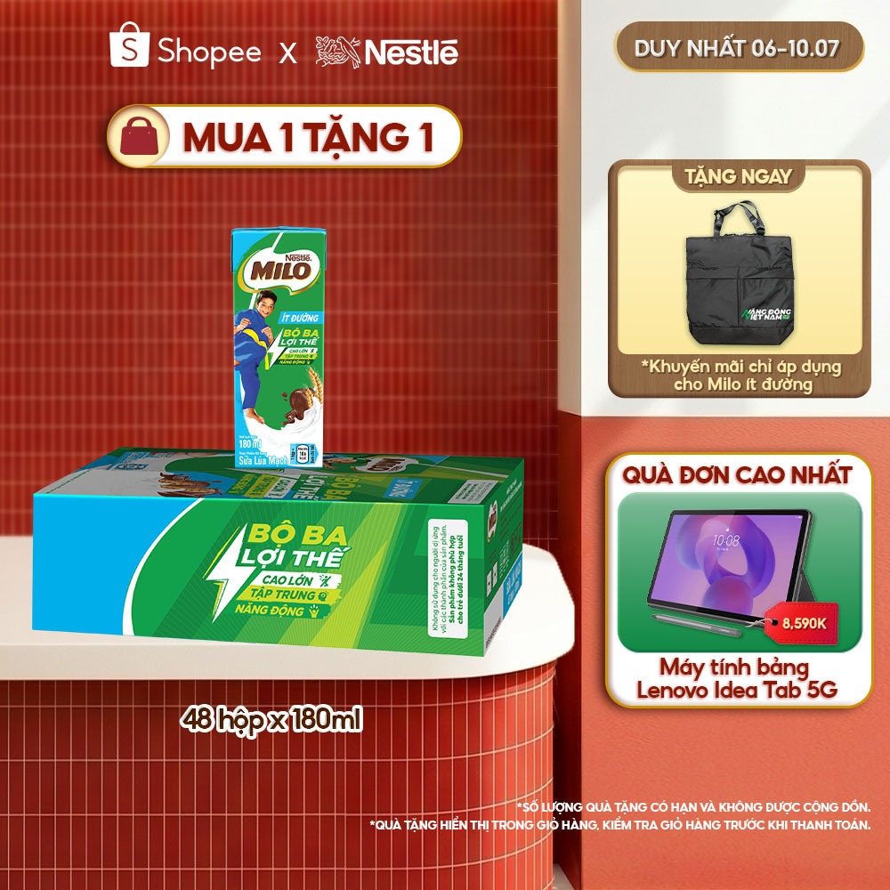 Thùng Sữa lúa mạch Nestle MILO ít đường (48 Hộp x 180ml)