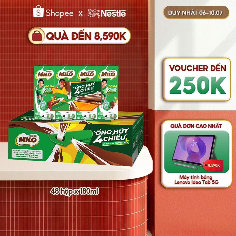 [Phiên bản ống hút 4 chiều] Sữa lúa mạch Nestlé MILO thùng 12 x 180ml (12x4x180ml)