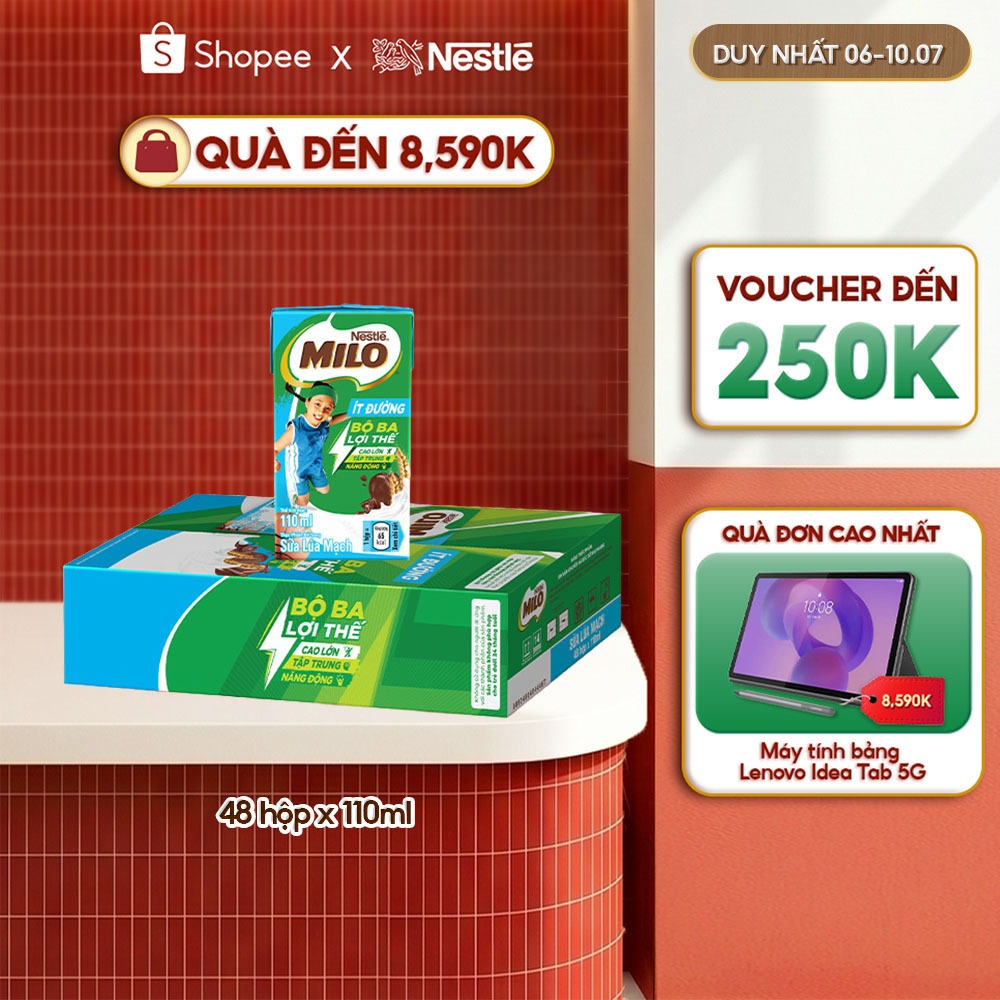 Thùng Sữa lúa mạch Nestle MILO ít đường (48 Hộp x 110ml)