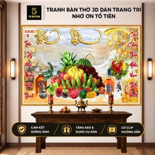 Tranh Dán Tường Phòng Thờ mâm ngũ quả, Tường Vách CNC giả Trúc Chỉ trang nghiêm