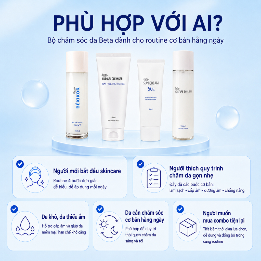 Bộ Chăm Sóc Da Beta 4 Món Chính Hãng - Sữa Rửa Mặt, Toner, Kem Dưỡng Ẩm Da Mặt, Kem Chống Nắng