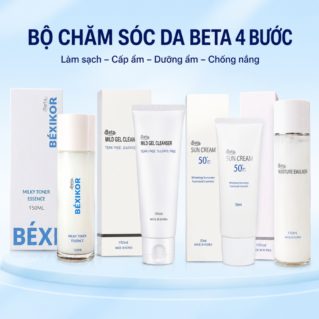 Bộ Chăm Sóc Da Beta 4 Món Chính Hãng - Sữa Rửa Mặt, Toner, Kem Dưỡng Ẩm Da Mặt, Kem Chống Nắng