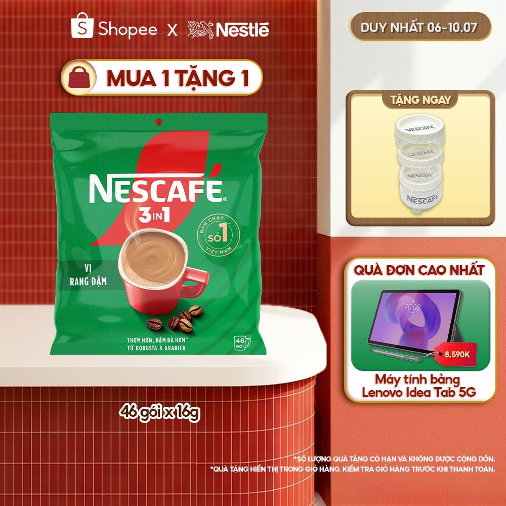 Cà phê hoà tan NESCAFE 3IN1 công thức cải tiến - vị Rang Đậm Bịch 46 gói
