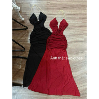 Đầm body cổ đổ chéo lưng phối xích dáng dài sang chảnh ( kèm mút )
