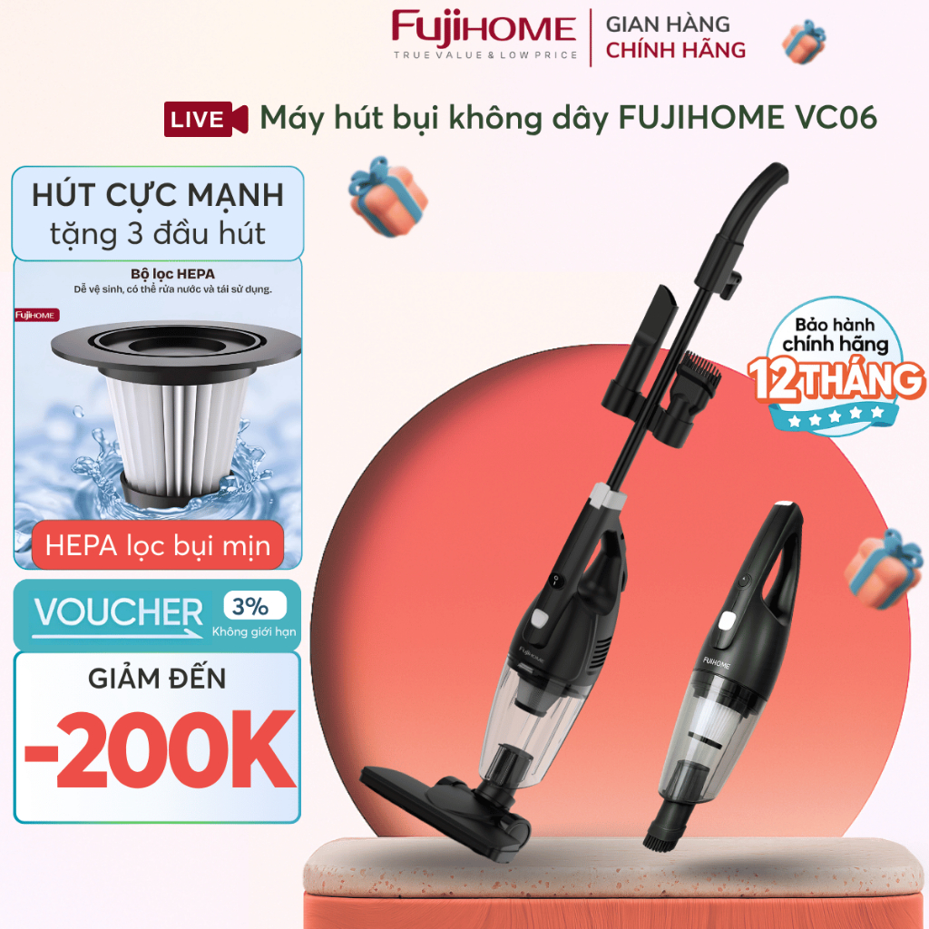 Máy hút bụi gia đình đa năng có thể tháo rời Nhập Khẩu FUJIHOME VC06-B, máy hút bụi cầm tay 16000Pa