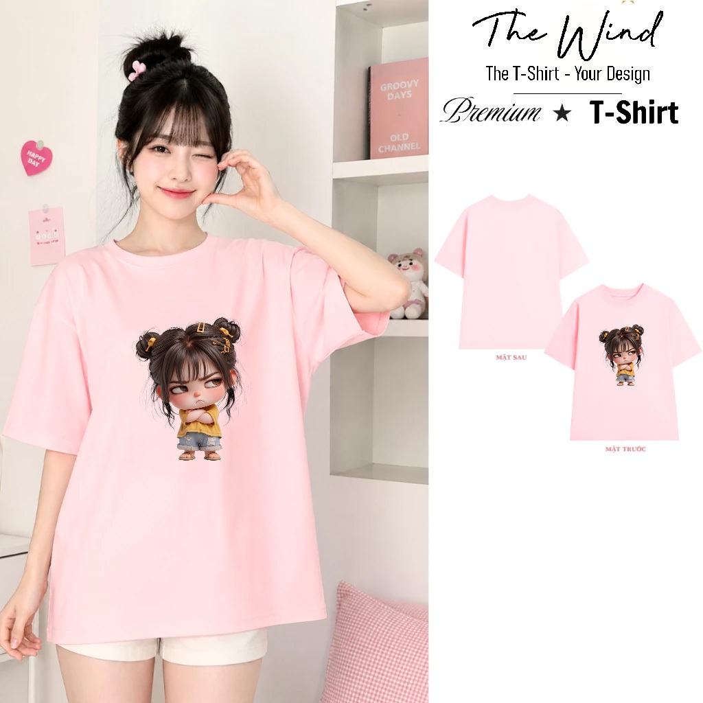 Áo thun in hình Cô gái chibi dỗi hờn đáng yêu Phong Cách Streetwear Vải Cotton
