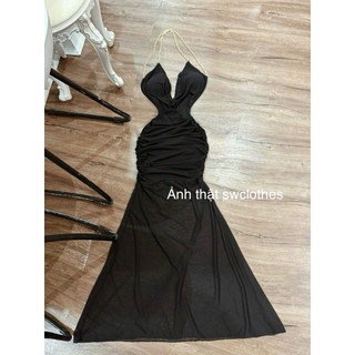 Đầm body cổ đổ chéo lưng phối xích dáng dài sang chảnh ( kèm mút )