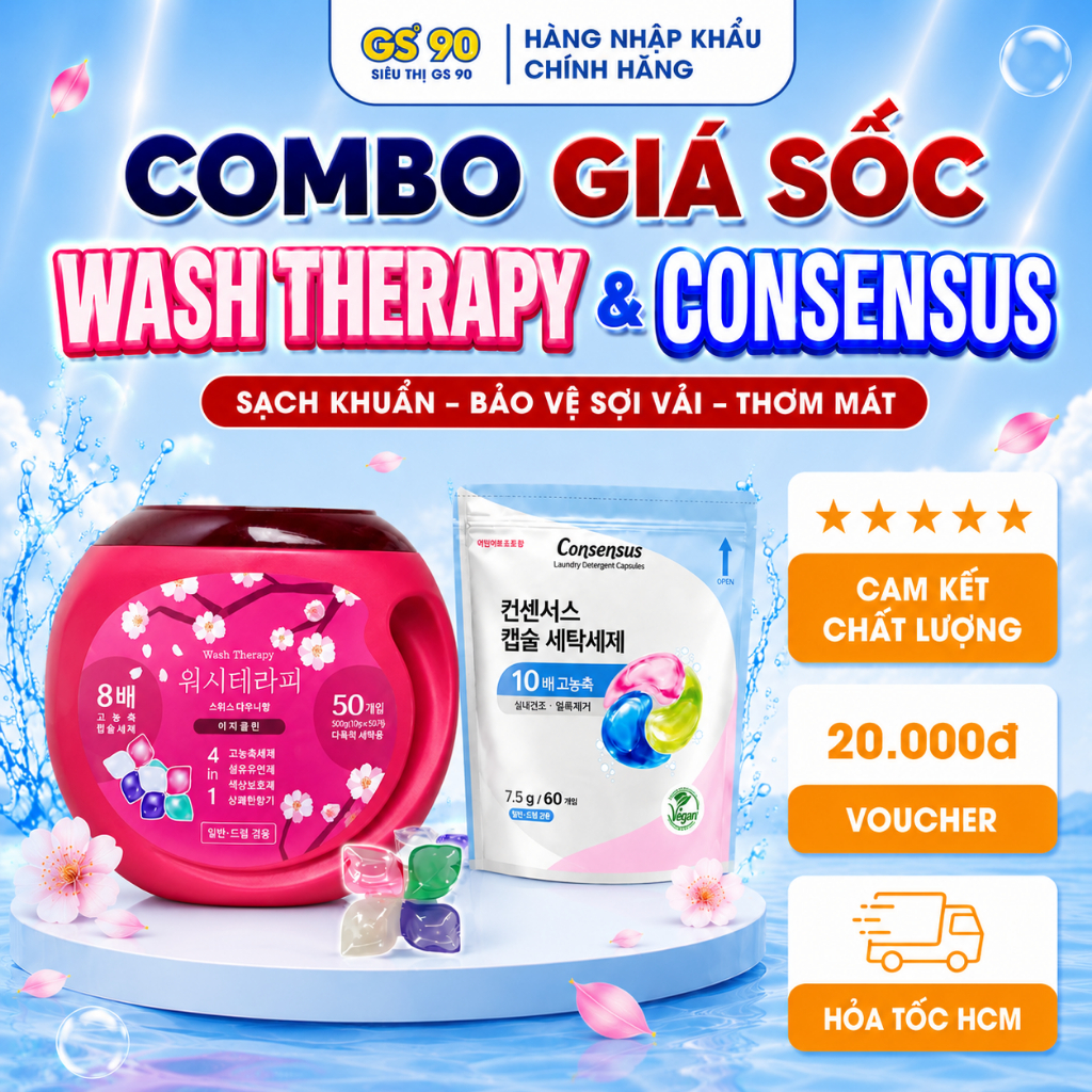 [DEAL ĐỘC QUYỀN] Combo Viên Giặt Hàn Quốc Wash Therapy 50 Viên + Consensus Thuần Chay 30/60 Viên Giặt Đồ Em Bé