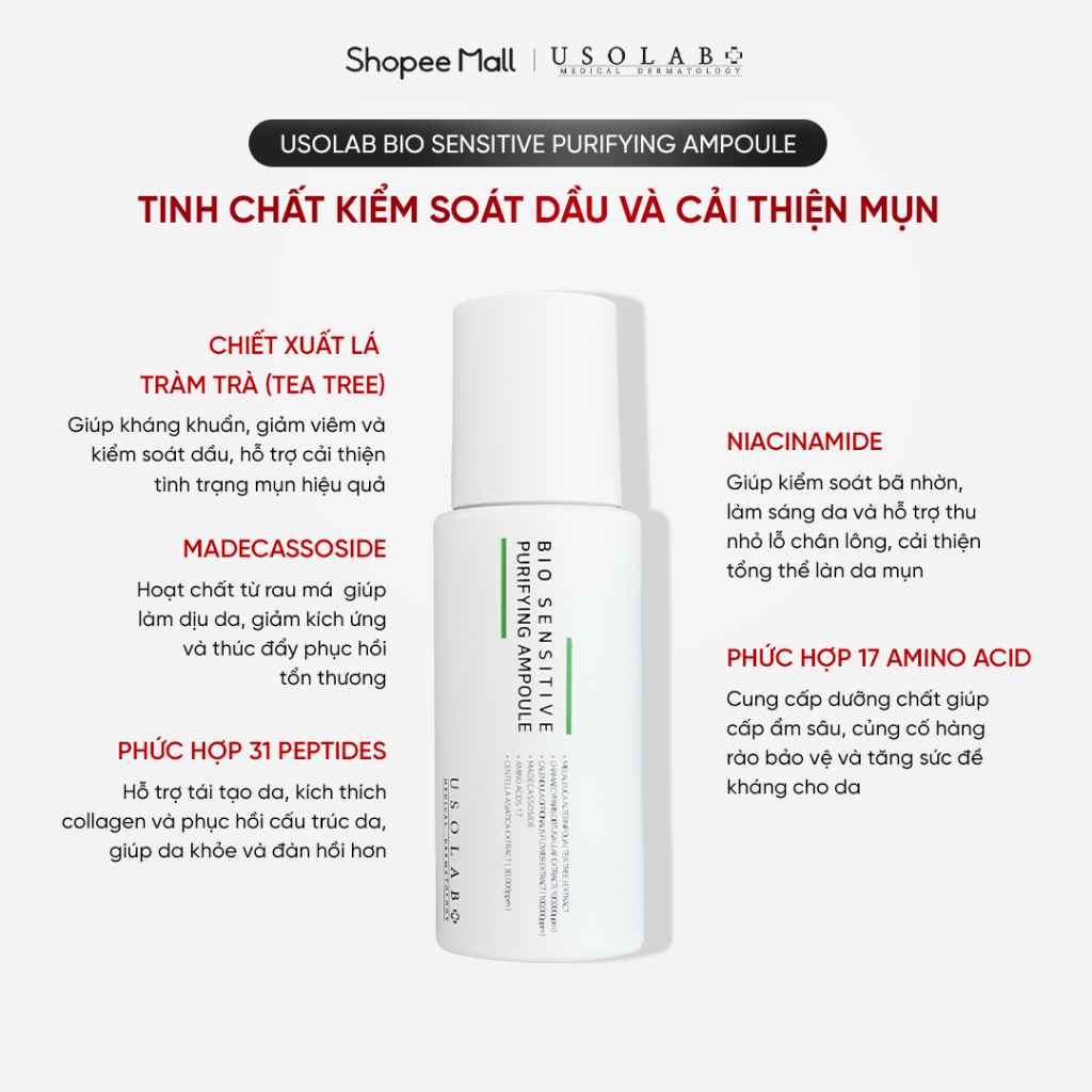 Tinh chất giảm dầu mụn Purifying Ampoule USOLAB -  Giúp kiềm dầu, giảm dầu mụn và giàm đỏ 50ml