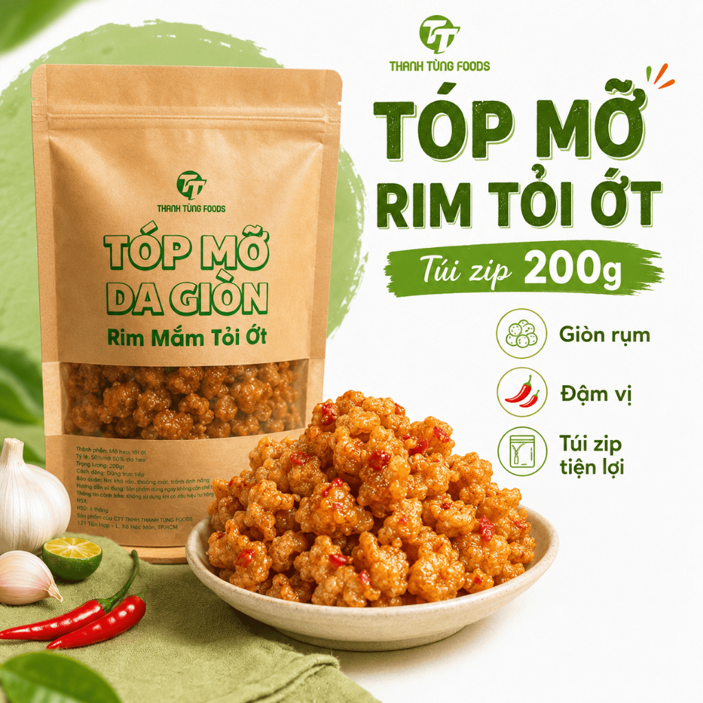 [Túi zip 200gr] Tóp mỡ rim mắm tỏi ớt da giòn Thanh Tùng Foods, giòn ngon, đậm vị, ăn vặt đưa cơm