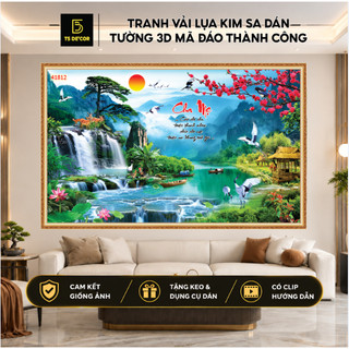 Tranh sơn thủy 3D thác nước phong cảnh rừng cây, tranh dán tường treo phòng khách phong thủy cao cấp