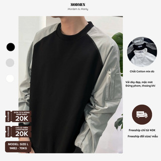 Áo Sweater Nam Tay Dài Cotton Mix Dù Form Regular Phối Tay Túi Hộp Basic Phong Cách Hàn Quốc