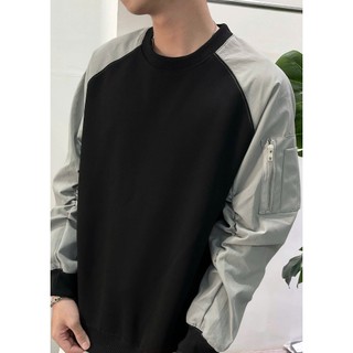 Áo Sweater Nam Tay Dài Cotton Mix Dù Form Regular Phối Tay Túi Hộp Basic Phong Cách Hàn Quốc