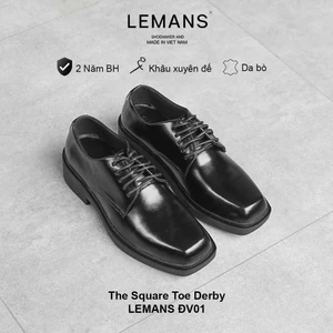 Giày tây Derby LEMANS mũi vuông màu đen ĐV01.2 - Da bò - Đế cao su tăng cao 4cm - BH 2 năm