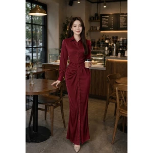 ĐẦM SƠ MI LỤA NHÚN EO DÁNG MAXI SANG TRỌNG