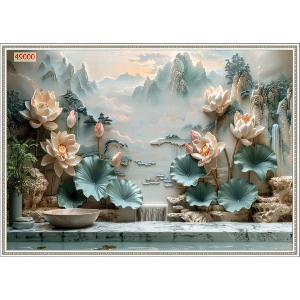 Tranh Lụa dán tường 3D Hoa sen thiết kế AI mới trang trí phòng khách, phòng ngủ, tranh khổ lớn LL