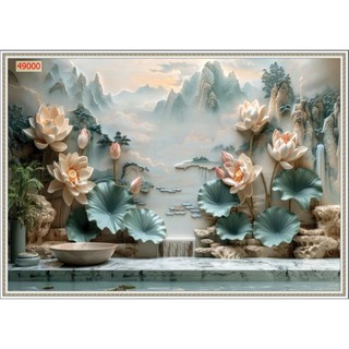 Tranh vải lụa 3d Cá Chép và Hồ Sen, Đầm Hoa, Sen Đá Decor Phòng Khách, Hàng Quán Tặng Keo Dán Tường