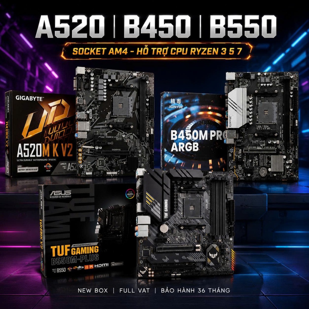 Mainboard AMD A520 B450 B550 | SSTC ASUS GIGABYTE JGINYUE socket AM4 hỗ trợ CPU Ryzen 3 5 7