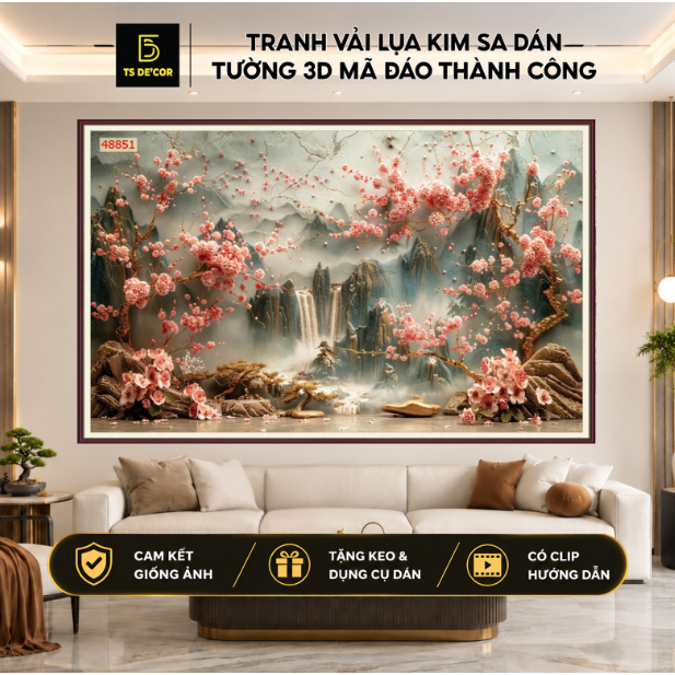 Mẫu tranh dán tường lụa 3D cao cấp chủ đề phong cảnh hồ nước hoa sen thơ mộng