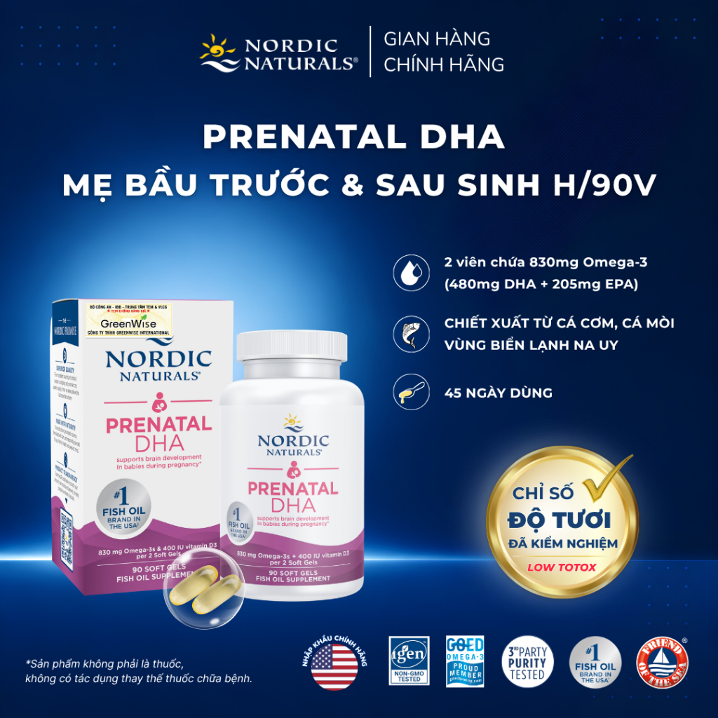 Nordic Naturals Prenatal DHA Bầu Triglyceride 90 Viên Nang Mềm - DHA Omega-3 Cho Mẹ Bầu