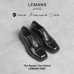 Giày Oxford mũi vuông LEMANS - Black VO01.3 - Da bò - Đế cao su tăng cao 4cm - BH 24T