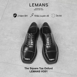 Giày tây Oxford LEMANS mũi vuông màu đen VO01.2 - Da bò - Đế cao su tăng cao 4cm - BH 2 năm