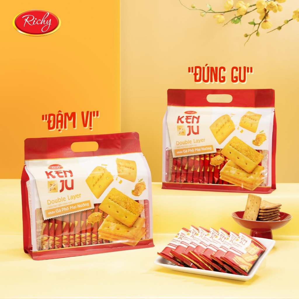 [MUA 2 TẶNG 1 QUẠT] Combo 2 Kenju Gà Nướng Phô Mai, Kenju 2 Lớp Chà Bông, Túi 216g, Bánh Kẹo Richy
