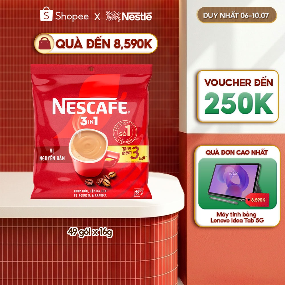 [KHUYẾN MÃI TẶNG 3 GÓI] NESCAFÉ 3IN1 VỊ NGUYÊN BẢN (Bịch 46+3 gói x 16g)