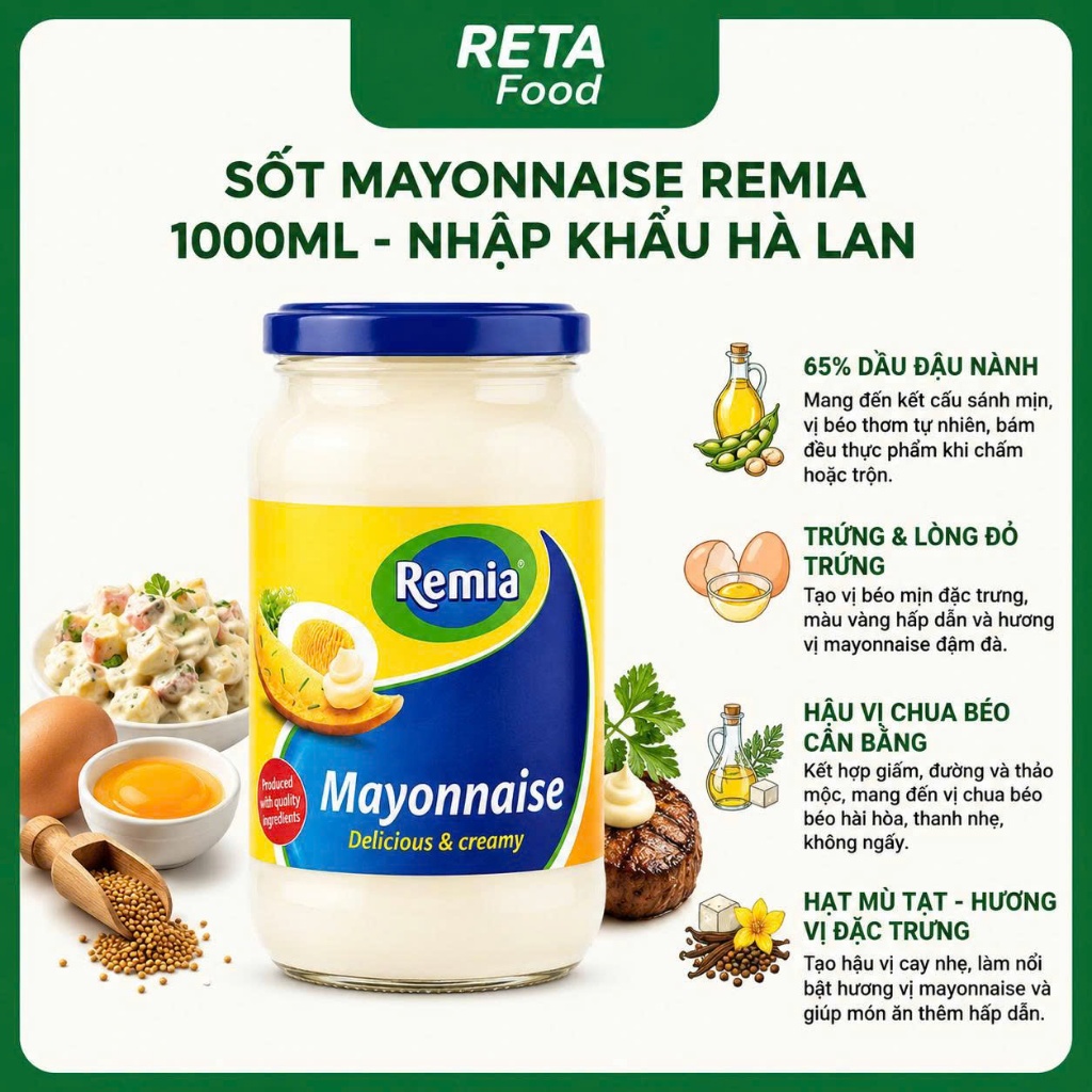 Sốt mayonnaise Remia 1L/500ml/250ml - Xốt mayonnaise béo mịn dùng cho trộn salad, burger, sandwich - Nhập khẩu Hà Lan