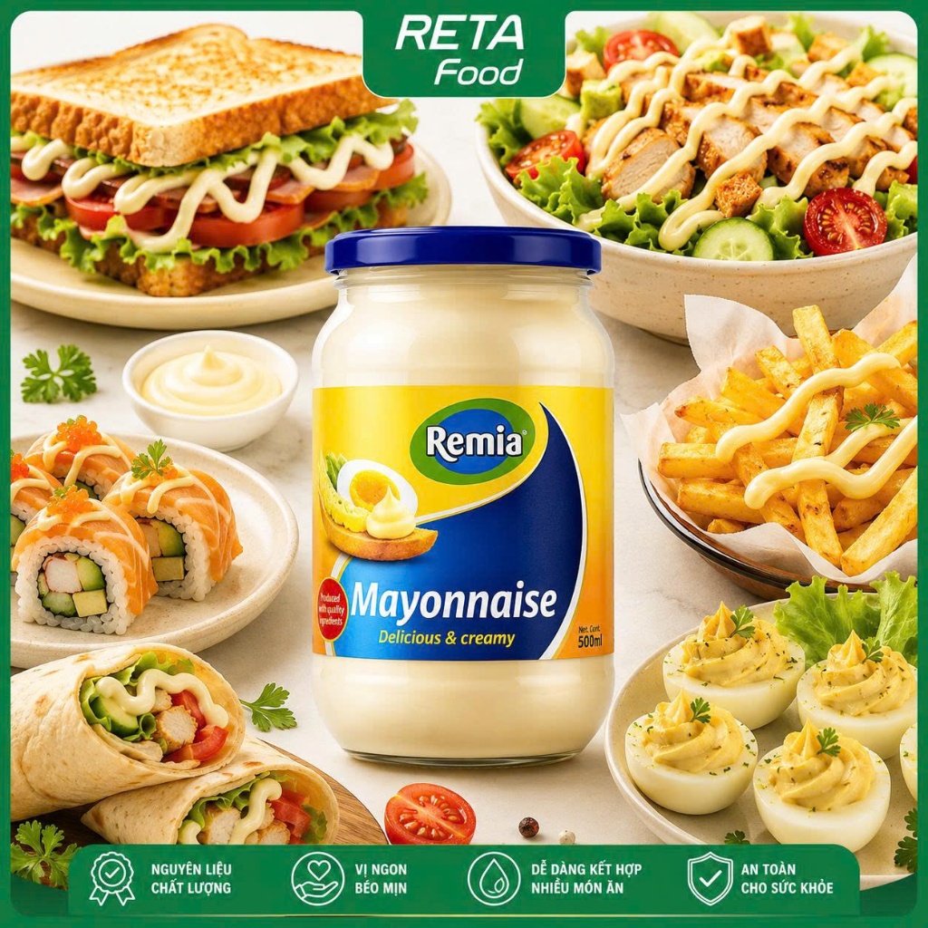 Sốt mayonnaise Remia 1L/500ml/250ml - Xốt mayonnaise béo mịn dùng cho trộn salad, burger, sandwich - Nhập khẩu Hà Lan