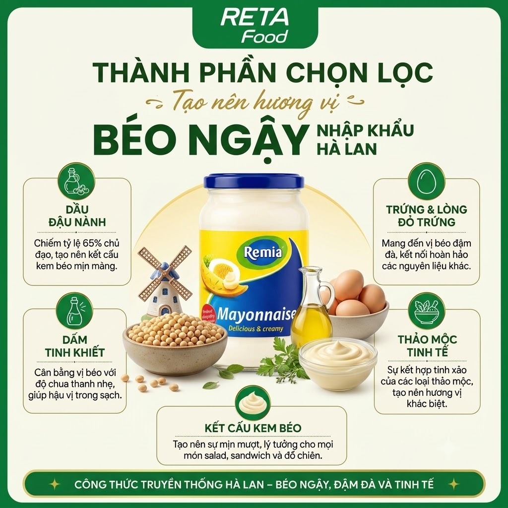 Sốt mayonnaise Remia 1L/500ml/250ml - Xốt mayonnaise béo mịn dùng cho trộn salad, burger, sandwich - Nhập khẩu Hà Lan