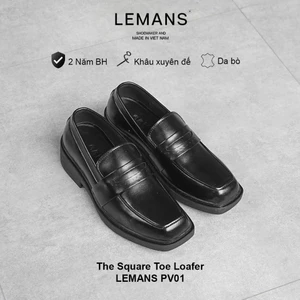 Giày lười Mũi Vuông LEMANS - Loafer Black PV1.3 - Da bò - Đế cao su tăng cao 4cm Bh 24T