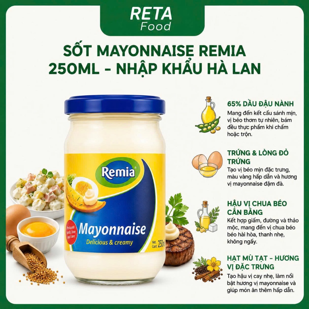 Sốt mayonnaise Remia 250ml - Xốt mayonnaise với 65% dầu đậu nành béo mịn dùng trộn salad, burger - Nhập khẩu Hà Lan