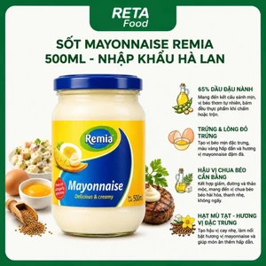 Sốt mayonnaise Remia 500ml - Xốt mayonnaise với 65% dầu đậu nành béo mịn dùng trộn salad, burger - Nhập khẩu Hà Lan