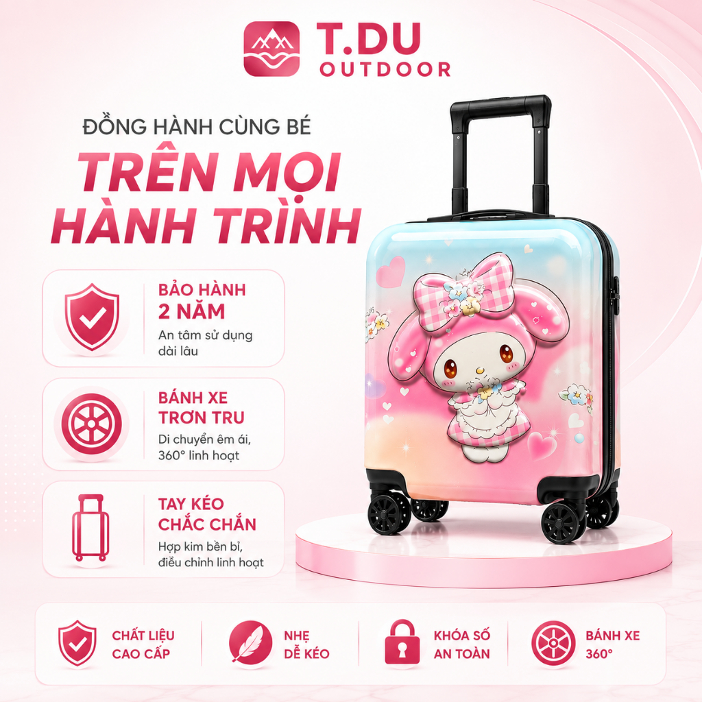 Vali Trẻ Em Kuromi, Capybara - Vali Kéo Cho Bé - Vali Du Lịch Cho Bé Gái, Bé Trai - Vali Size 18inch, 20inch, Vali Ngồi.